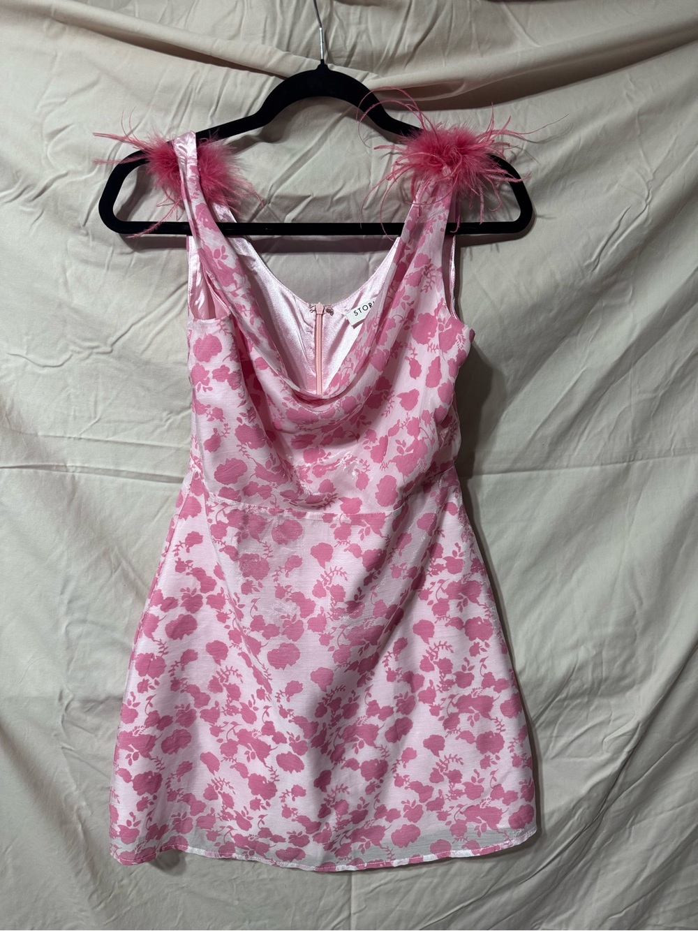 Storia Pink Floral Satin Cowl Neck Mini Dress with Feather Trim